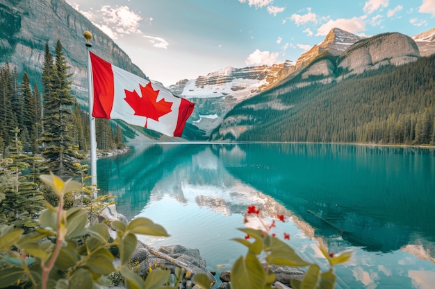 Maestoso paesaggio canadese con bandiera che si affaccia sul lago turchese