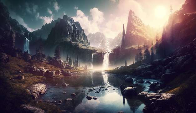 Maestoso paesaggio di fantasia magica con i raggi del sole mattutino della cascata del fiume delle montagne