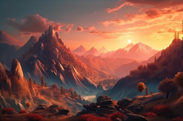 Maestoso paesaggio di montagna durante il tramonto