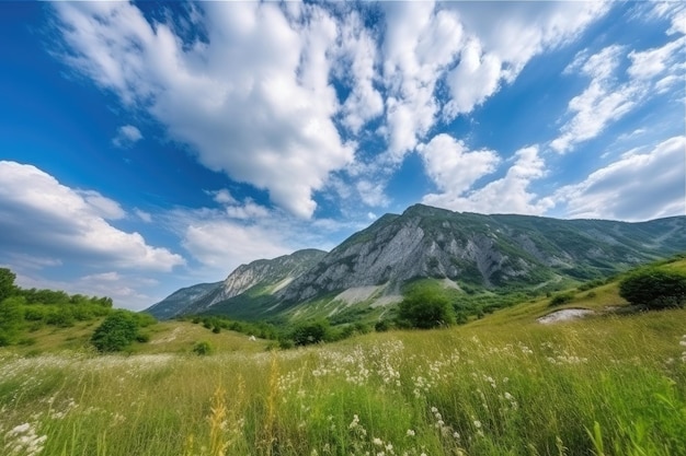 Maestoso paesaggio montuoso con cielo blu e nuvole soffice creato con l'AI generativa