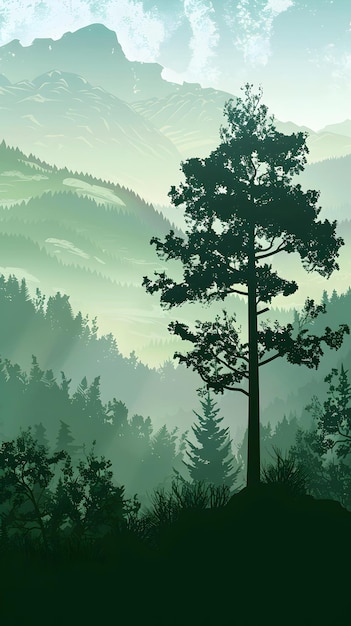 Maestoso paesaggio montuoso nebbioso con silhouette di alberi sempreverdi che raggiungono le nuvole