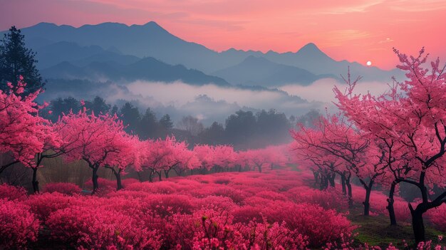 Maestoso paesaggio rosa con montagne