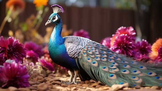 Maestoso pavone che mostra vivaci piume multicolori
