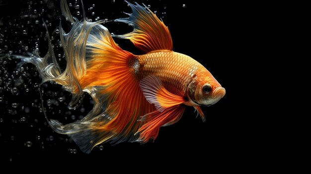 Maestoso pesce Betta arancione dorato che nuota con uno sfondo nero isolato