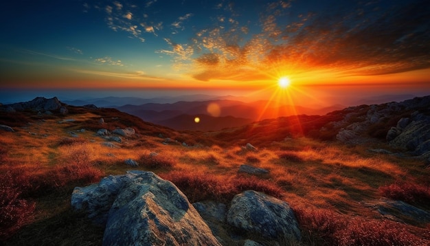 Maestoso picco di montagna tranquillo prato cielo bellezza generata da AI