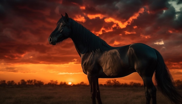 Maestoso stallone pascola in un tranquillo prato al tramonto generato dall'intelligenza artificiale