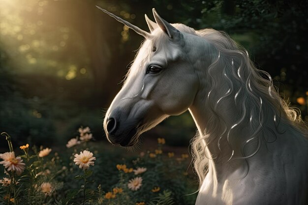 Maestoso unicorno bianco in piedi in un vibrante campo di fiori IA generativa