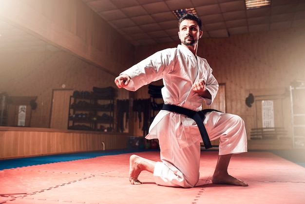 Maestro di arti marziali su allenamento di combattimento in palestra