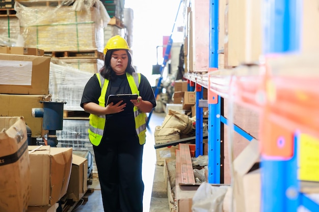 Magazziniere obeso asiatico in giubbotto di sicurezza e elmetto protettivo in fabbrica di magazzino prodotto industriale in scatole di cartone sugli scaffali Plus size femmina che ispeziona i prodotti durante il lavoro