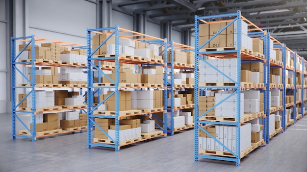 Magazzino con scatole di cartone all'interno su scaffalature portapallet, centro logistico. Enorme, grande magazzino moderno. Magazzino pieno di scatole di cartone sugli scaffali, scatole su pallet, illustrazione 3D