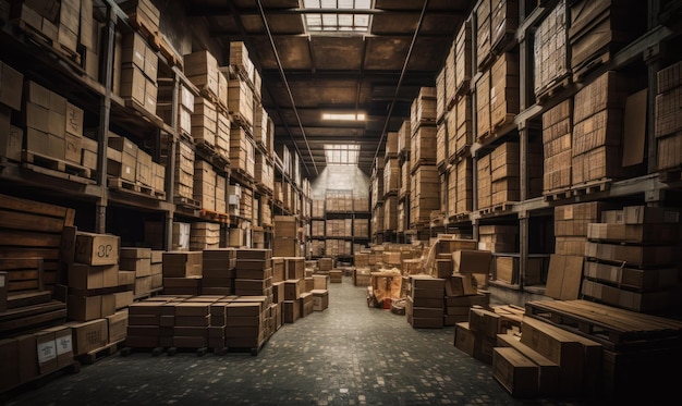 Magazzino di stoccaggio con enormi scaffali pieni di scatole di cartone Grandi locali con finestre nel soffitto Cartoni pronti per la spedizione AI generativa