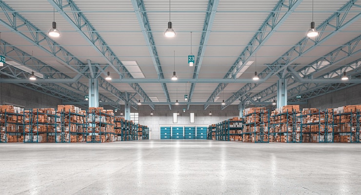 Foto magazzino interno industriale con merci e scaffali