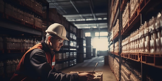 Magazzino lavoratore dipendente che lavora in magazzino controllo prodotto e gestione delle scorte linee di produzione in fabbrica logistica industriale controllo degli imballaggi Generativo Ai