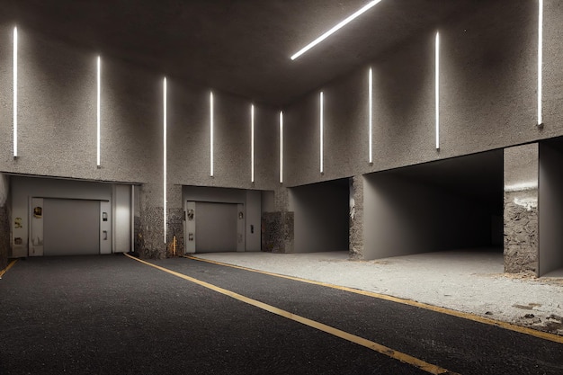 Magazzino moderno e futuristico del corridoio di parcheggio sotterraneo con illuminazione Un palcoscenico vuoto una stanza con luce al neon grigia Garage con cancello dell'auto Sfondo futuro per l'illustrazione 3D di design