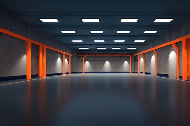 Magazzino moderno e futuristico del corridoio di parcheggio sotterraneo con illuminazione Un palcoscenico vuoto una stanza in colore grigio arancione e neon Spazio di parcheggio in cemento Sfondo futuro per l'illustrazione 3D di design