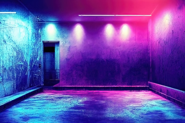 Magazzino moderno e futuristico di corridoio di parcheggio sotterraneo con illuminazione Un palcoscenico vuoto una stanza in colore blu magenta neon Sala con pareti in cemento e uscita Sfondo futuro per il design Illustrazione 3D