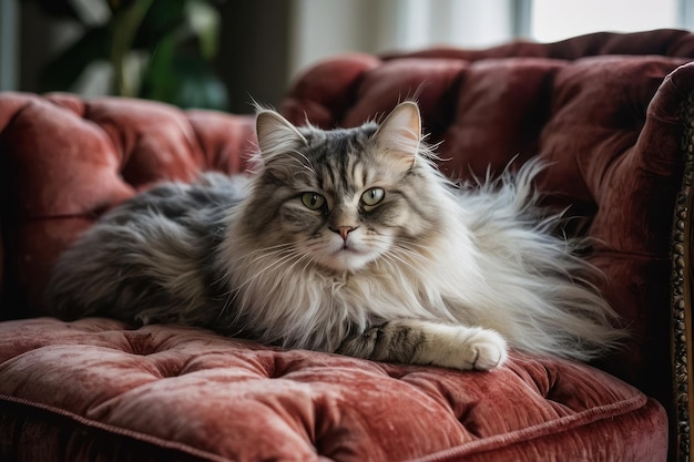 Maggiore gatto dai capelli lunghi su una sedia di velluto