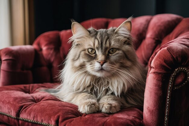 Maggiore gatto dai capelli lunghi su una sedia di velluto