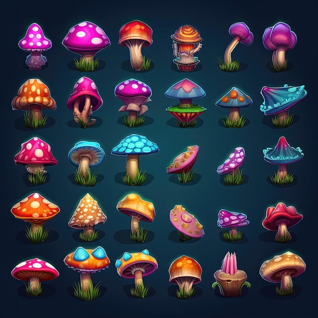 Magia colorata dei funghi AI generata dalla foresta disegno psichedelico fungo pianta misteriosa illustrazione magica colorata dei fungi