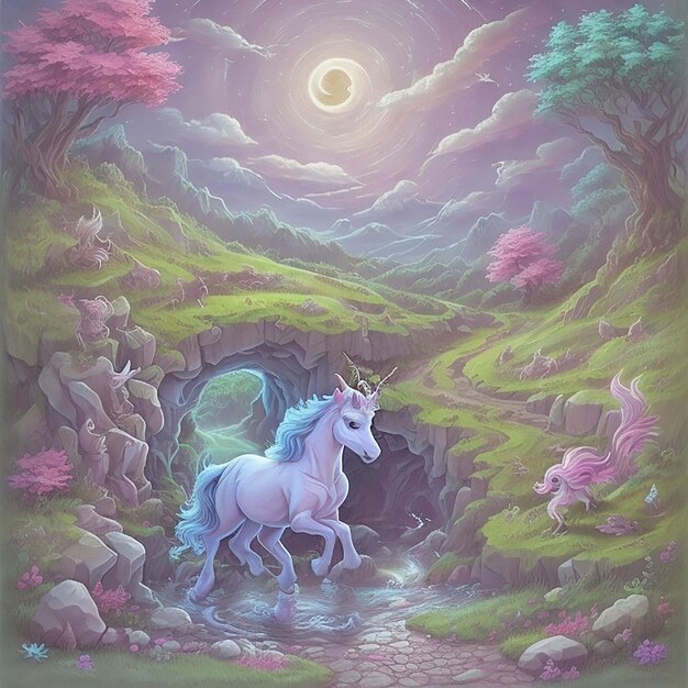 Magia dell'unicorno al chiaro di luna Una notte nel prato mistico