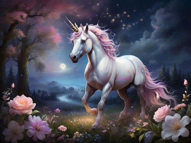 Magia dell'unicorno al chiaro di luna Una notte nel prato mistico