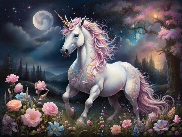 Magia dell'unicorno al chiaro di luna Una notte nel prato mistico