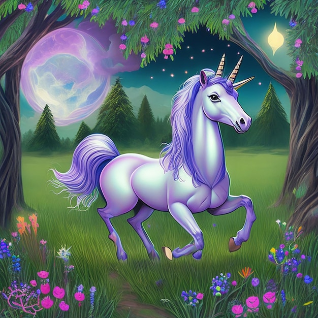 Magia dell'unicorno al chiaro di luna Una notte nel prato mistico