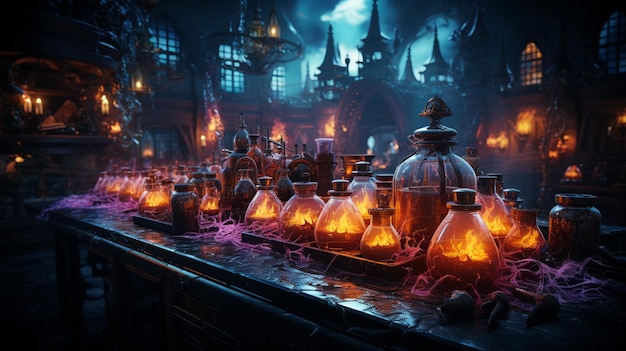 magia e tavolo magico con luci magiche magiche cose magiche in una stanza concetto magico concetto di Halloween
