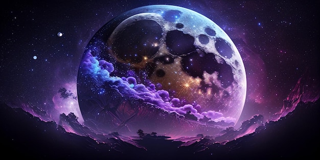 Magia Luna piena polvere di stelle sfondo cosmico Ai generativa