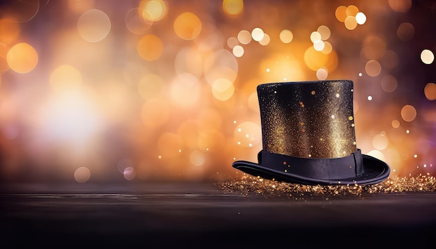 Magic Black Sorcerer Hat su Golden Fairy Dust Contesto di fondo concetto di carnevale