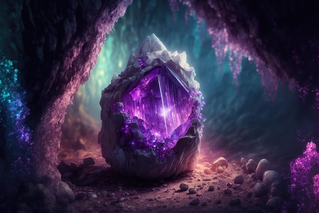 Magica fantasia cristallo ametista bagliori mistici dall'interno Pietra di cristallo viola naturale nella grotta della foresta una gemma illustrazione 3d