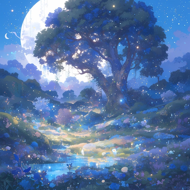 Magica foresta illuminata dalla luna