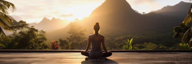 Magica gioia dello yoga all'aperto in montagna all'alba tropicale