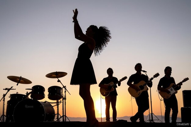 Magica silhouette al tramonto di una band dal vivo in un festival all'aperto