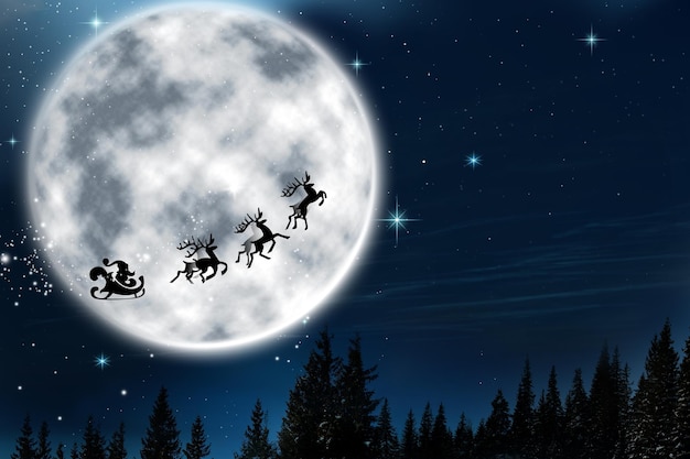 Magica vigilia di Natale Babbo Natale con renne che volano in cielo nella notte di luna piena