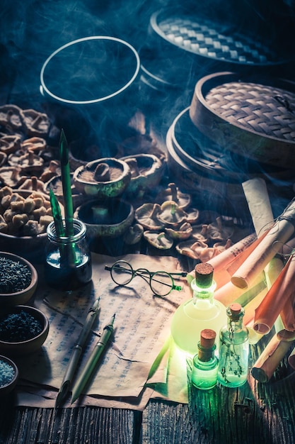 Magical alchemist lab with recipe and old scrolls