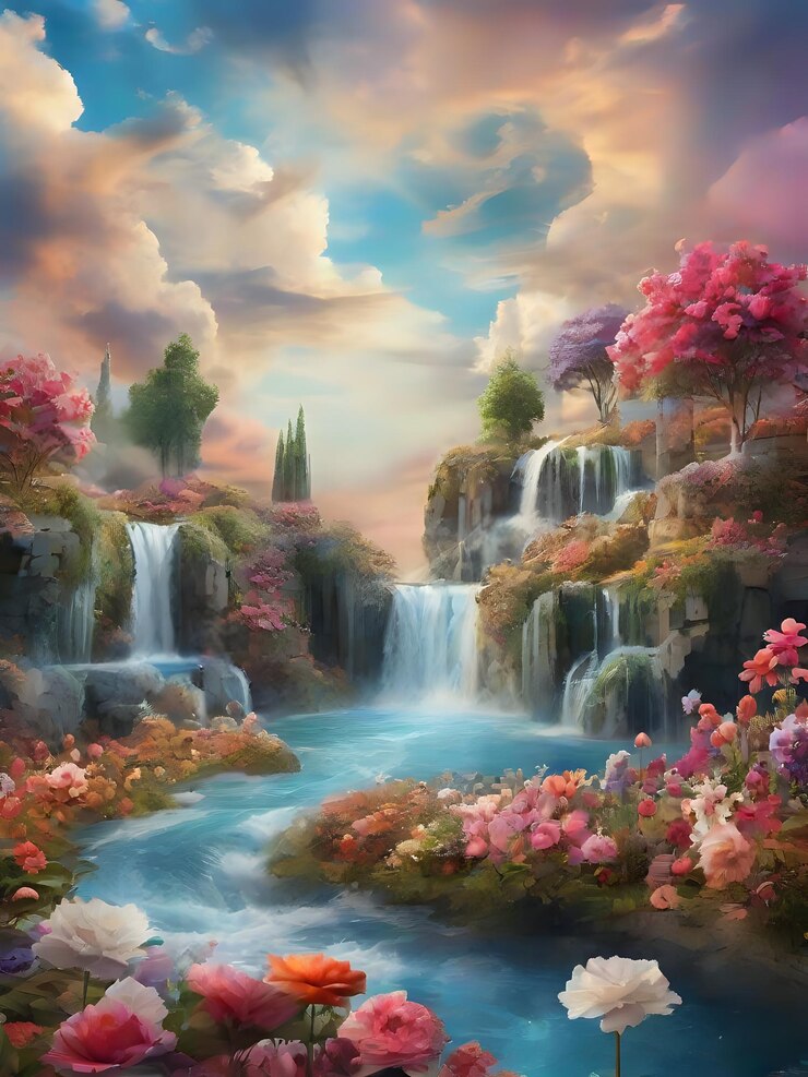 magical and surreal art image with a magnificent summer sky as a background with nice flower garden