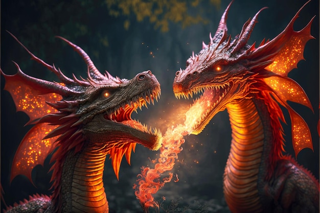 Magici draghi rossi da favola con il fuoco che esce dalla tua bocca