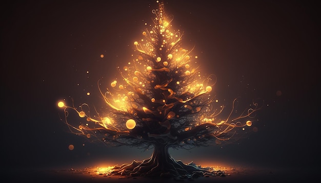Magico albero di Natale incandescente, sfondo interno, Generativo ai