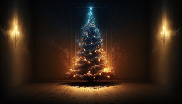 Magico albero di Natale incandescente, sfondo interno, Generativo ai