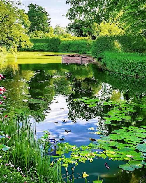 Magico lago giardino stagni vegetazione fiori acqua alberi paesaggio