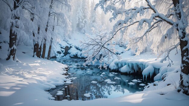 Magico lago invernale nel centro della foresta alpina coperto da fiocchi di neve e ghiaccio