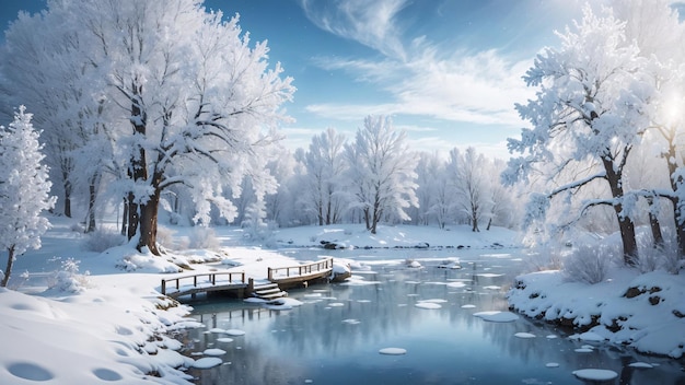 Magico lago invernale nel centro della foresta alpina coperto da fiocchi di neve e ghiaccio