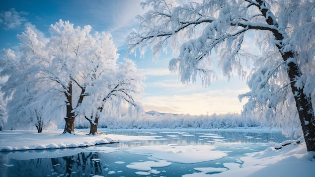 Magico lago invernale nel centro della foresta alpina coperto da fiocchi di neve e ghiaccio