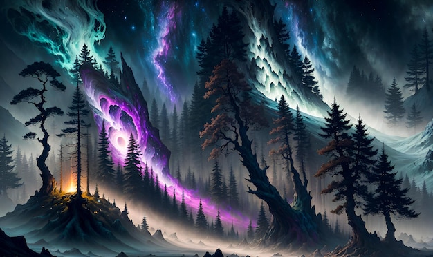 Magico mistico Illuminazione incandescente Tuono nelle colline della foresta AI generativa di alta qualità Post elaborata