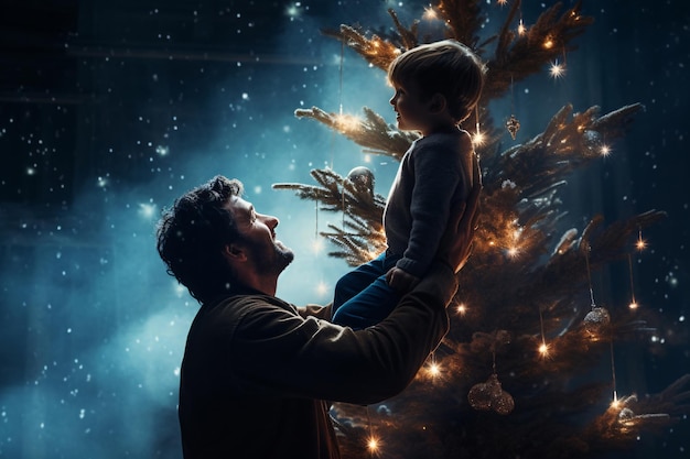 Magico momento padre-figlio la notte di Natale felice sorridente padre e figlio trascorrere le vacanze in famiglia