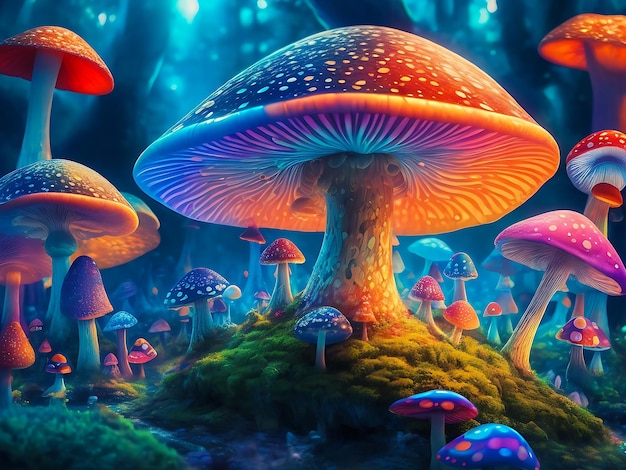 Magico mondo dei funghi trippy bellissimi colori generatore ai ad alta risoluzione