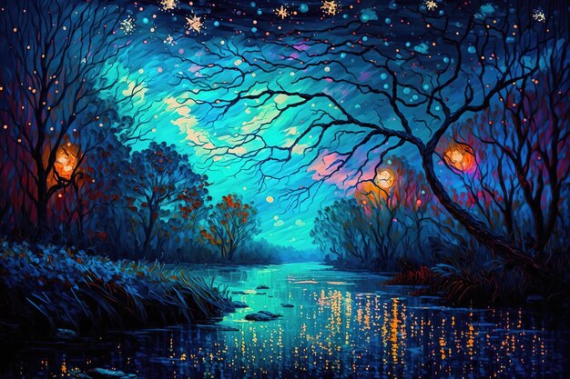Magico paesaggio di fantasia scenica con stelle, pittura a olio e texture spatola