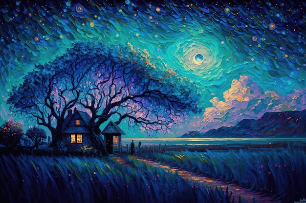 Magico paesaggio di fantasia scenica con stelle, pittura a olio e texture spatola