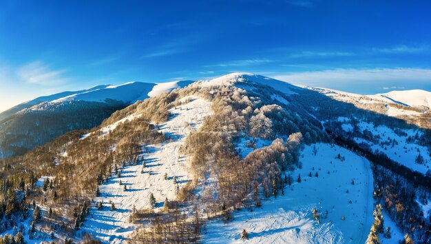 Magico panorama invernale di bellissime piste innevate in una stazione sciistica in Europa in una giornata gelida soleggiata e senza vento. Il concetto di ricreazione attiva in inverno